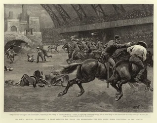 Das königliche Militärturnier, ein Kampf zwischen der Polizei und Buschmännern, die New South Wales Volunteers zur Rettung